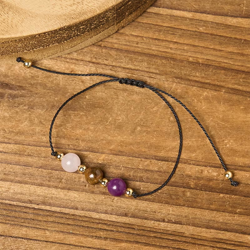 Buddha Stones Amethyst Tiger Eye Rose Quartz Protection Anti-Anxiety Card Rope Bracelet