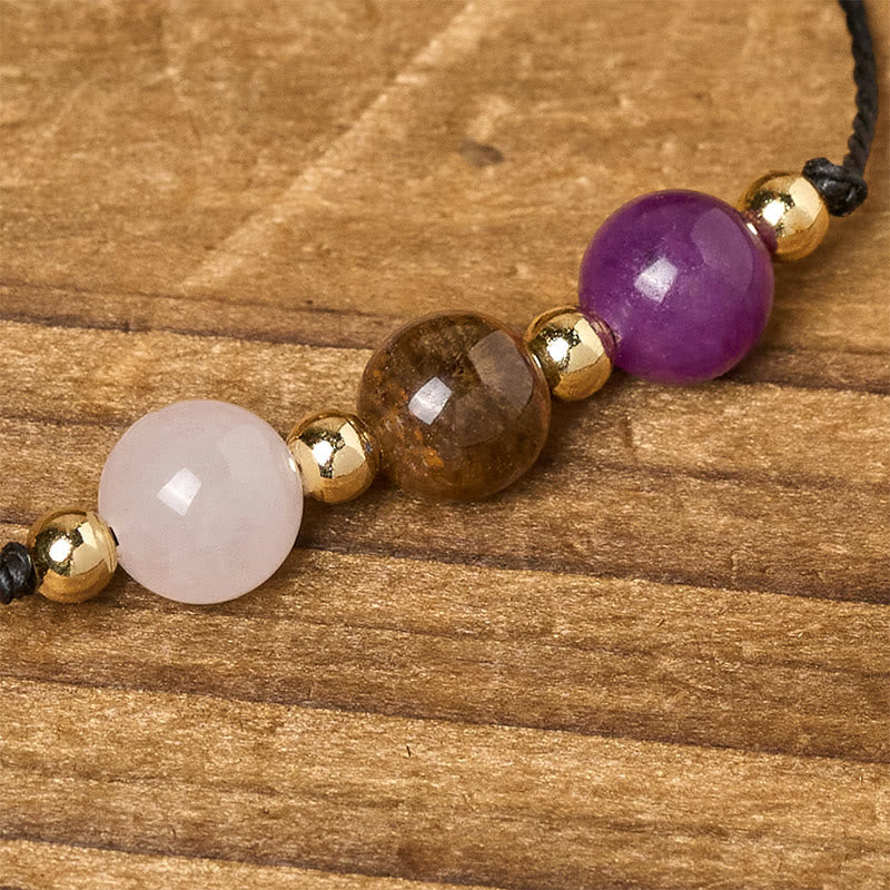 Buddha Stones Amethyst Tiger Eye Rose Quartz Protection Anti-Anxiety Card Rope Bracelet
