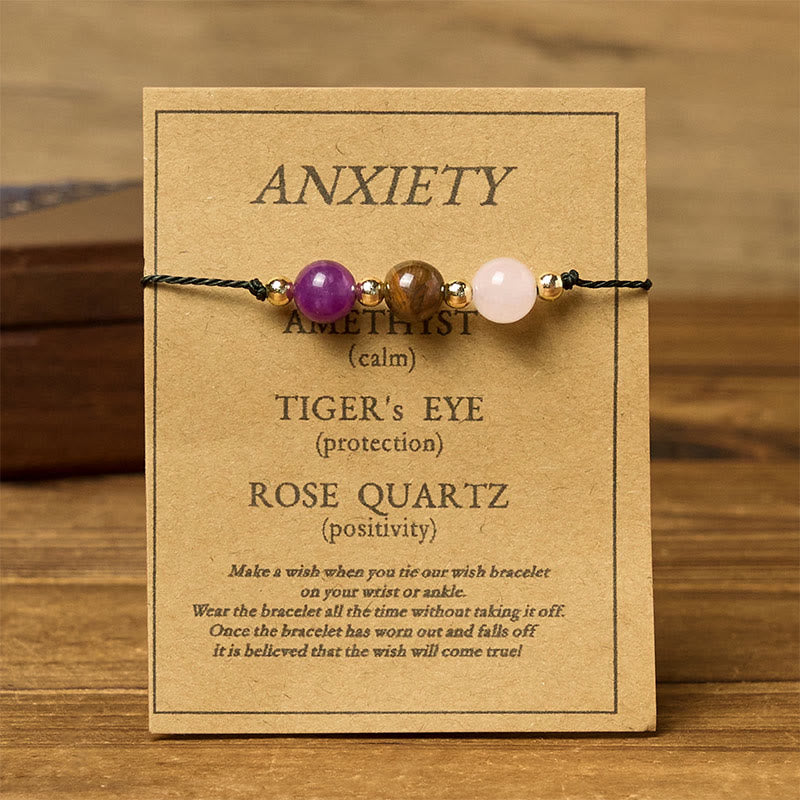 Buddha Stones Amethyst Tiger Eye Rose Quartz Protection Anti-Anxiety Card Rope Bracelet