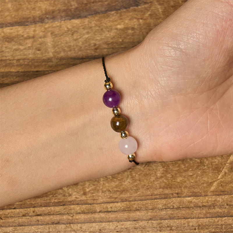 Buddha Stones Amethyst Tiger Eye Rose Quartz Protection Anti-Anxiety Card Rope Bracelet
