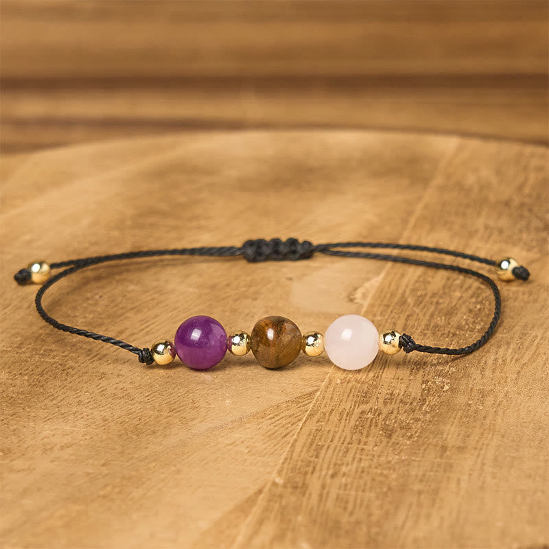 Buddha Stones Amethyst Tiger Eye Rose Quartz Protection Anti-Anxiety Card Rope Bracelet