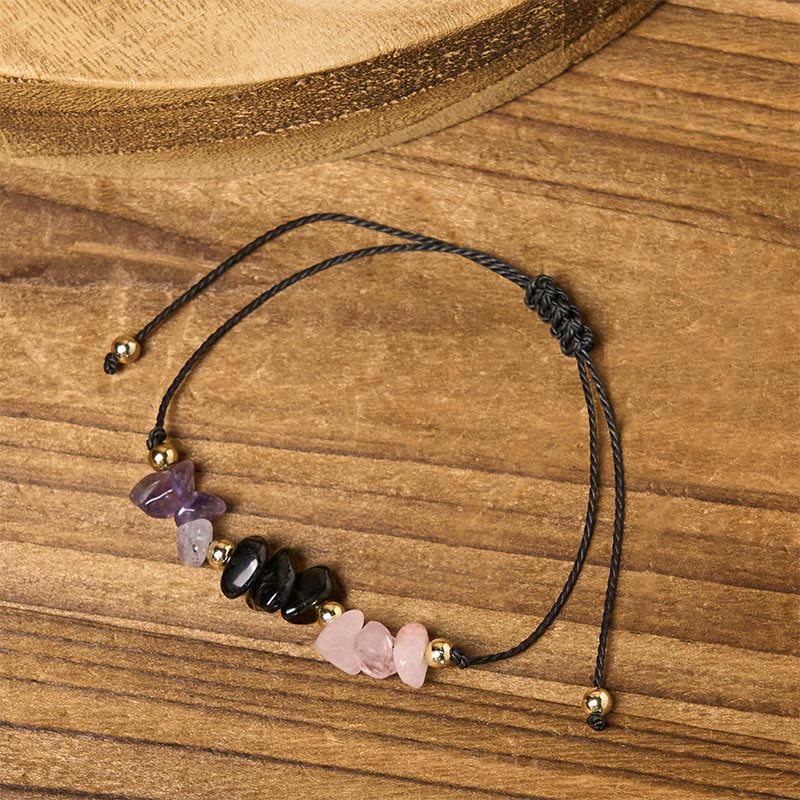 Buddha Stones Amethyst Black Tourmaline Rose Quartz Empath Card Rope Bracelet