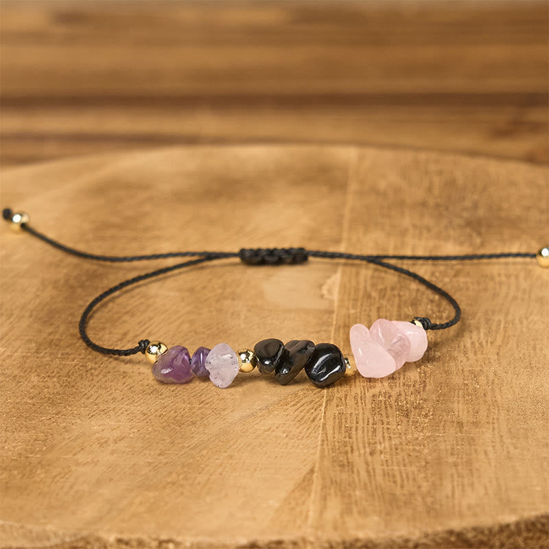 Buddha Stones Amethyst Black Tourmaline Rose Quartz Empath Card Rope Bracelet