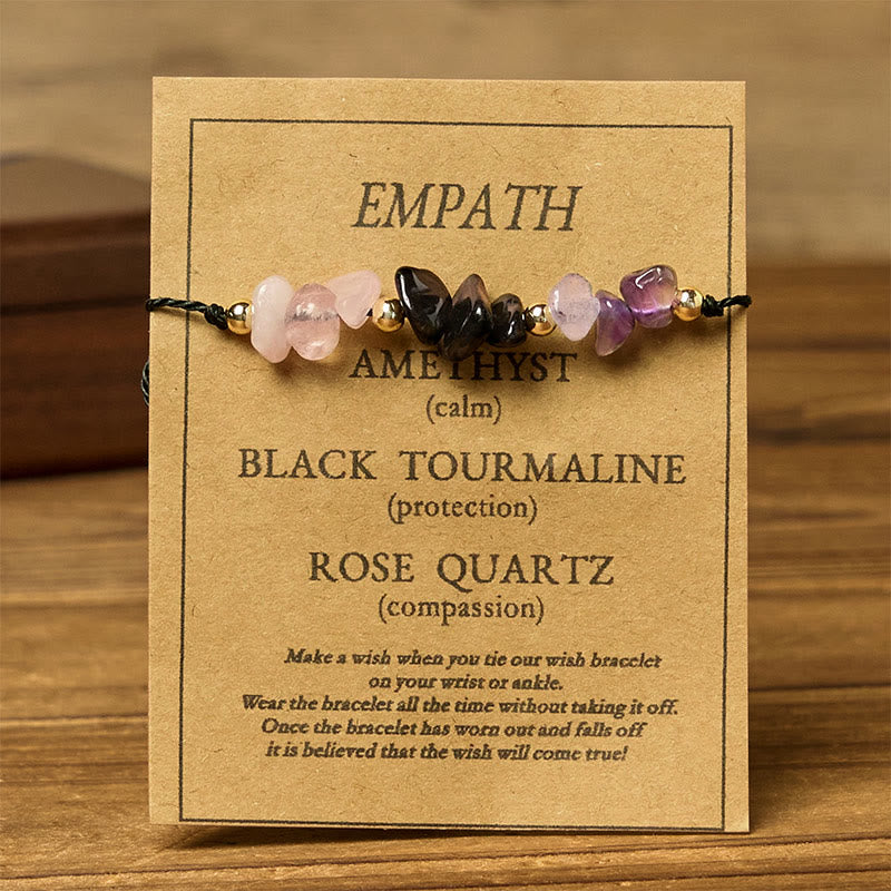 Buddha Stones Amethyst Black Tourmaline Rose Quartz Empath Card Rope Bracelet