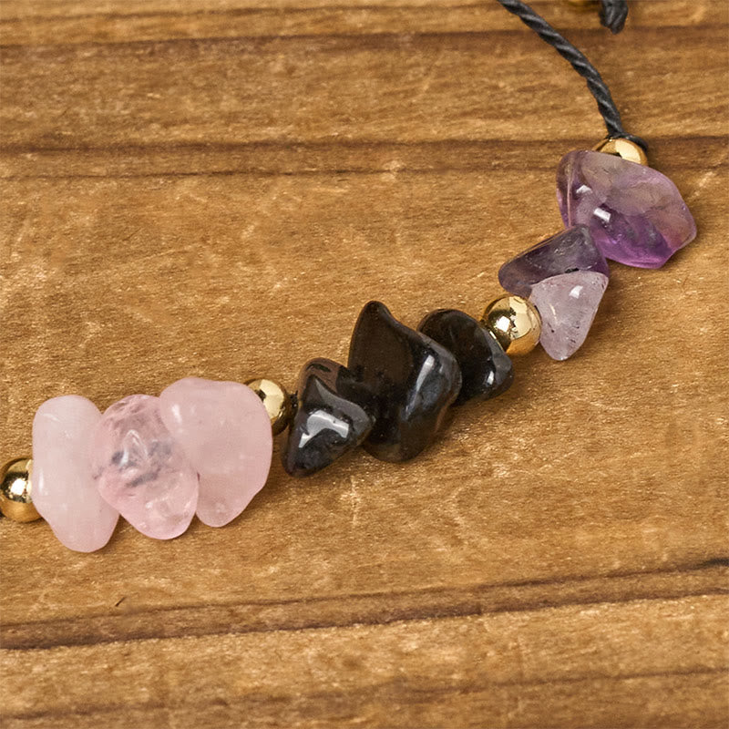 Buddha Stones Amethyst Black Tourmaline Rose Quartz Empath Card Rope Bracelet