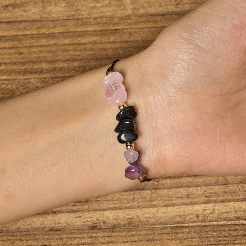 Buddha Stones Amethyst Black Tourmaline Rose Quartz Empath Card Rope Bracelet