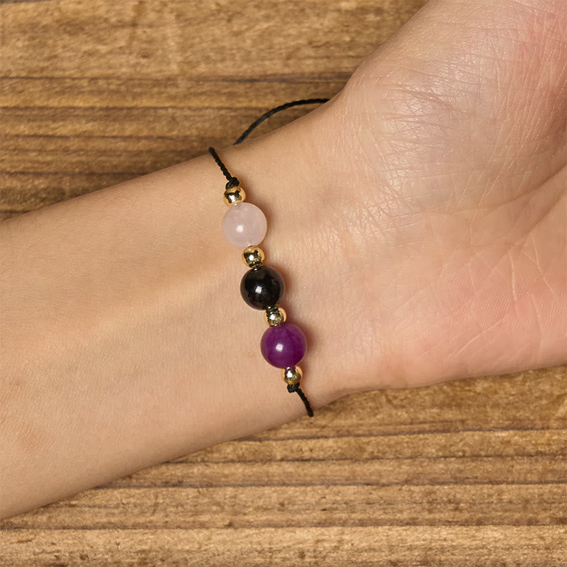Buddha Stones Amethyst Black Tourmaline Rose Quartz Empath Card Rope Bracelet