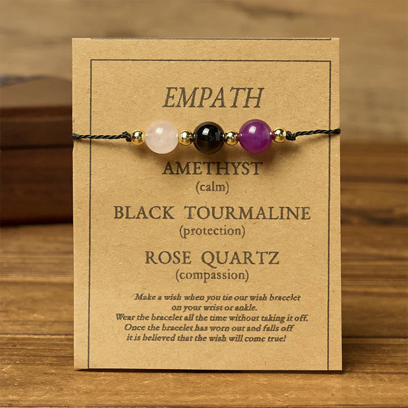 Buddha Stones Amethyst Black Tourmaline Rose Quartz Empath Card Rope Bracelet