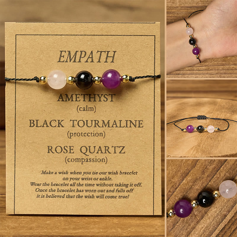 Buddha Stones Amethyst Black Tourmaline Rose Quartz Empath Card Rope Bracelet