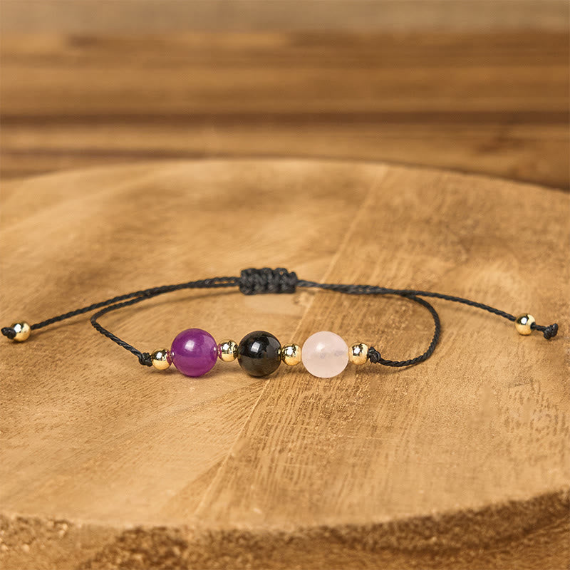 Buddha Stones Amethyst Black Tourmaline Rose Quartz Empath Card Rope Bracelet
