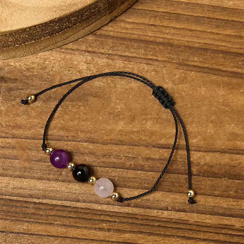 Buddha Stones Amethyst Black Tourmaline Rose Quartz Empath Card Rope Bracelet