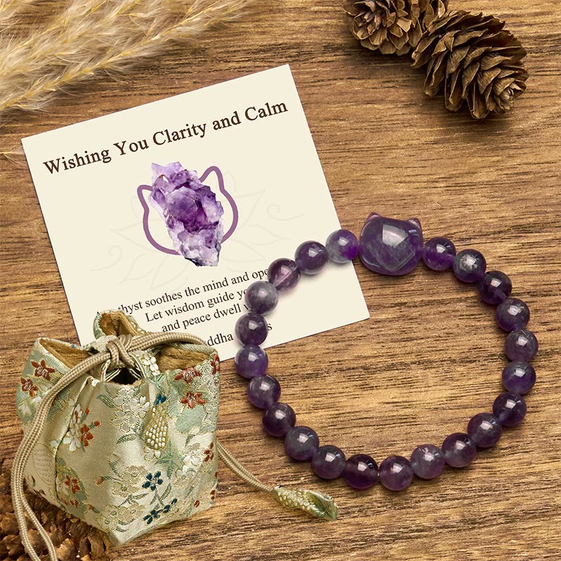 Buddha Stones "Wishing You Clarity and Calm" Cute Cat Amethyst Bracelet Includes Gift Message Card