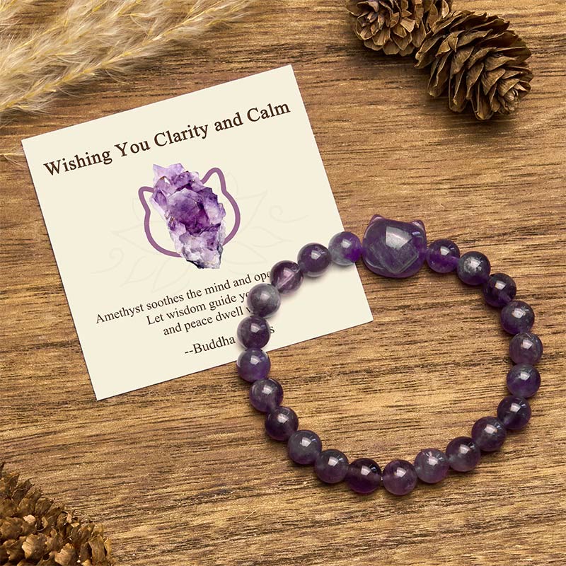 Buddha Stones "Wishing You Clarity and Calm" Cute Cat Amethyst Bracelet Includes Gift Message Card