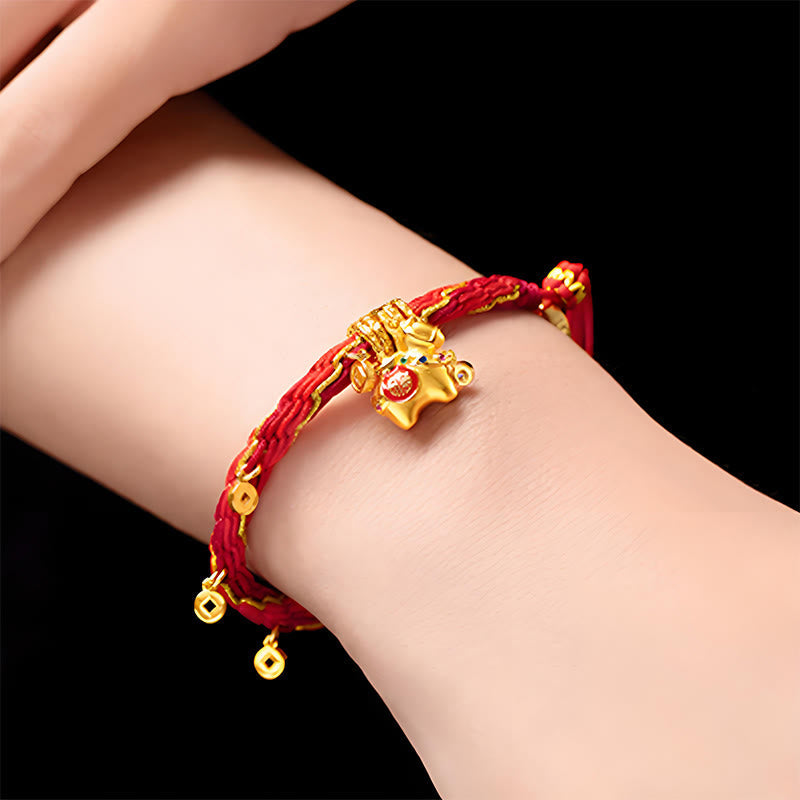 Buddha Stones Copper Plated 18k Gold Year Of The Horse Fu Character Red String Luck Braided Bracelet