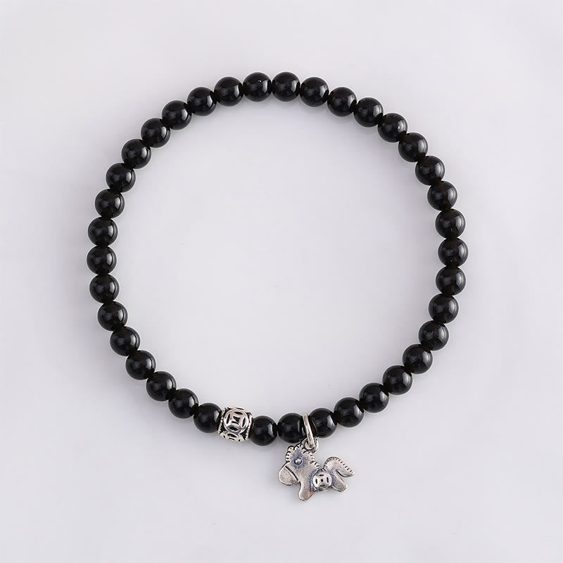 Buddha Stones Year Of The Horse 925 Sterling Silver Natural Black Obsidian Strength Bracelet