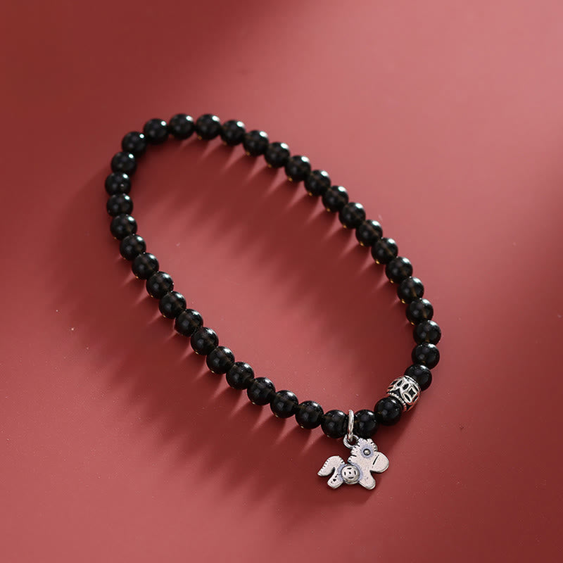 Buddha Stones Year Of The Horse 925 Sterling Silver Natural Black Obsidian Strength Bracelet