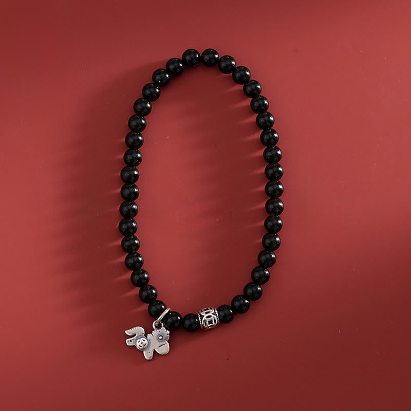 Buddha Stones Year Of The Horse 925 Sterling Silver Natural Black Obsidian Strength Bracelet
