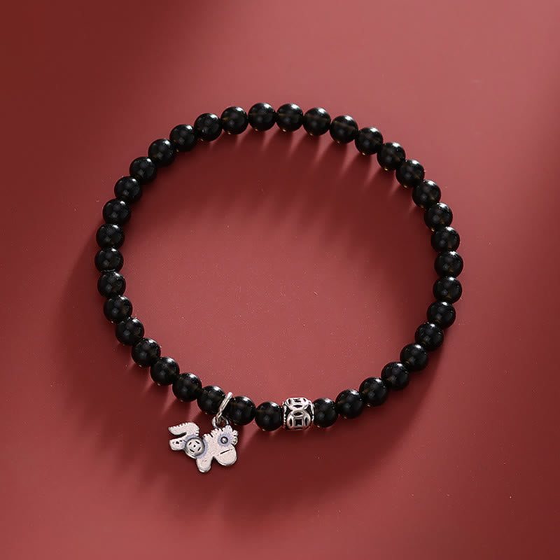 Buddha Stones Year Of The Horse 925 Sterling Silver Natural Black Obsidian Strength Bracelet