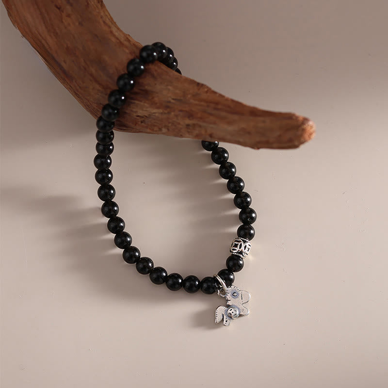 Buddha Stones Year Of The Horse 925 Sterling Silver Natural Black Obsidian Strength Bracelet