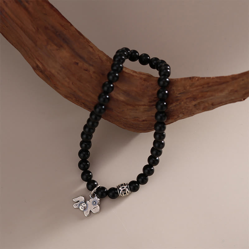Buddha Stones Year Of The Horse 925 Sterling Silver Natural Black Obsidian Strength Bracelet