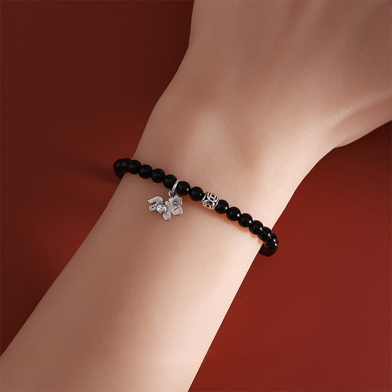 Buddha Stones Year Of The Horse 925 Sterling Silver Natural Black Obsidian Strength Bracelet