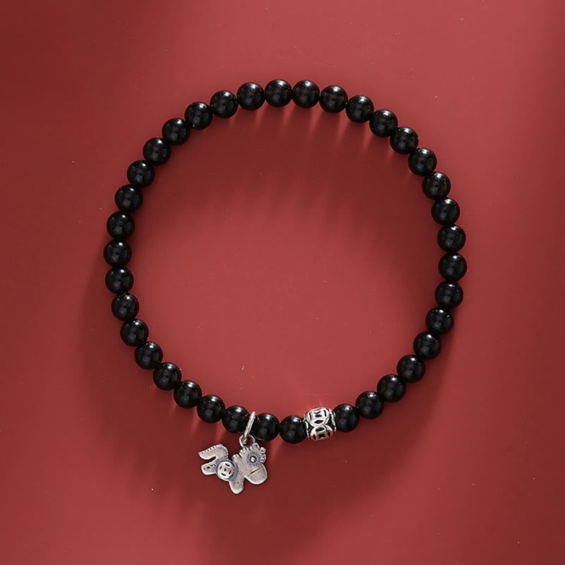 Buddha Stones Year Of The Horse 925 Sterling Silver Natural Black Obsidian Strength Bracelet