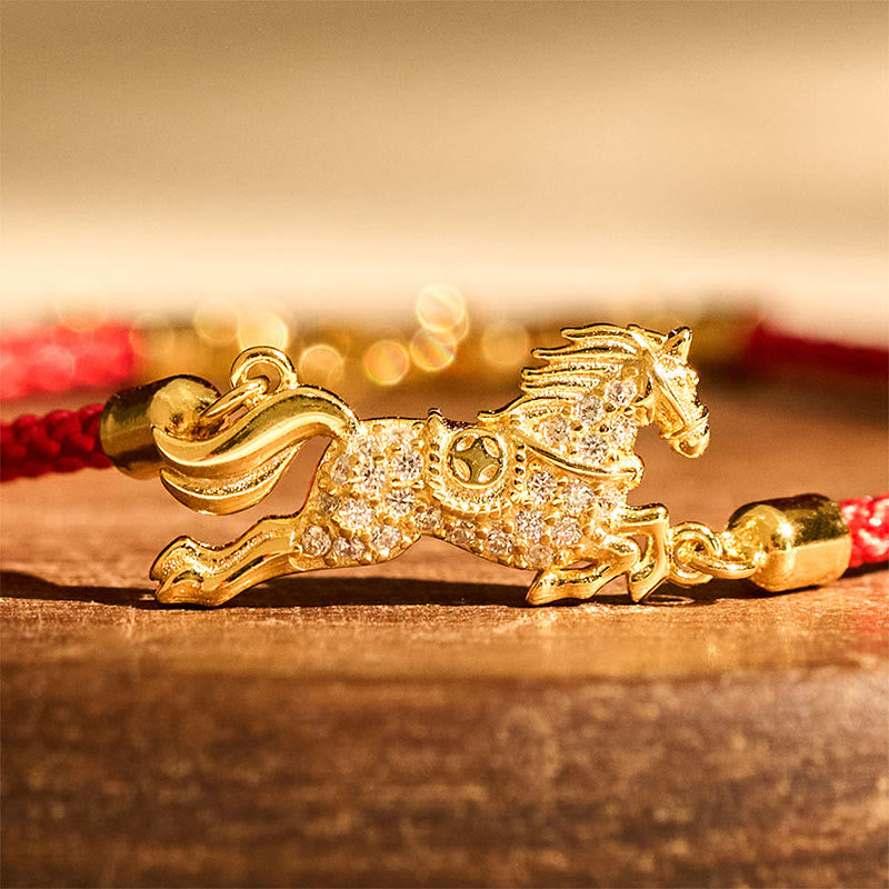 EverestArtstudios Chinese Zodiac Year Of The Horse 925 Sterling Silver Golden Red String Luck Bracelet
