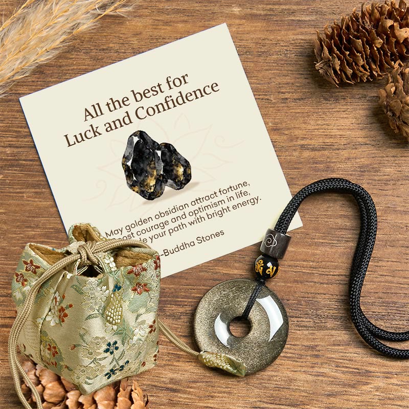 Buddha Stones "All the best for Luck and Confidence" Obsidian Necklace Includes Gift Message Card