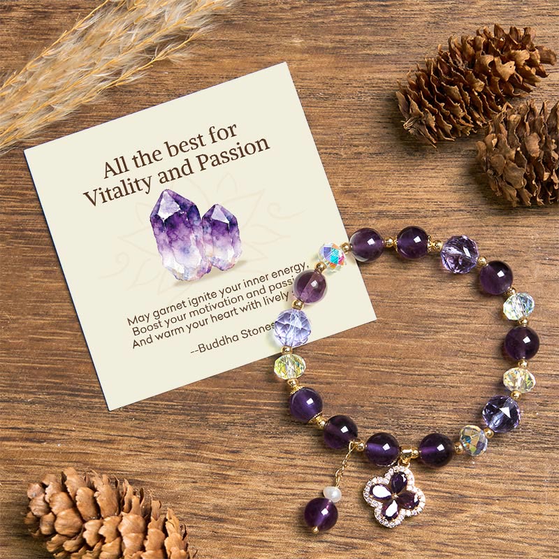Buddha Stones "All the best for Calm and Wisdom" Amethyst Flower Bracelet Includes Gift Message Card