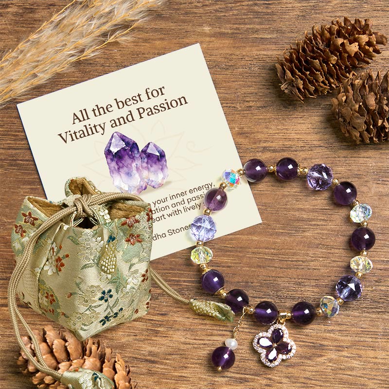Buddha Stones "All the best for Calm and Wisdom" Amethyst Flower Bracelet Includes Gift Message Card