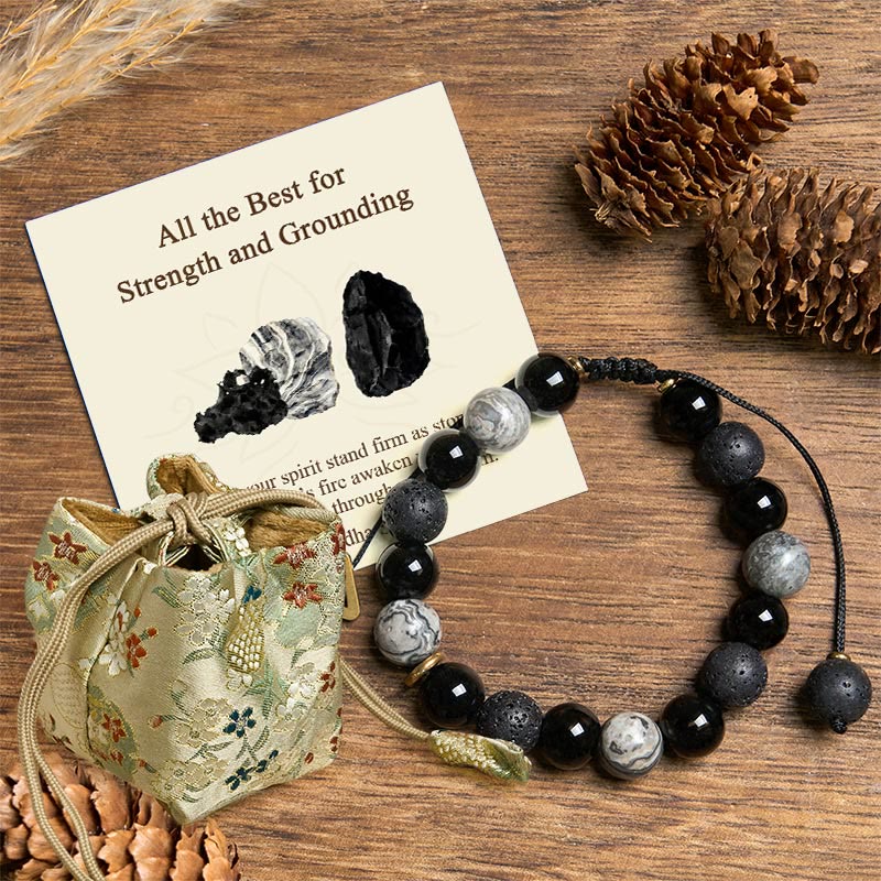 Buddha Stones "All the Best for Strength and Grounding" Obsidian Bracelet Includes Gift Message Card