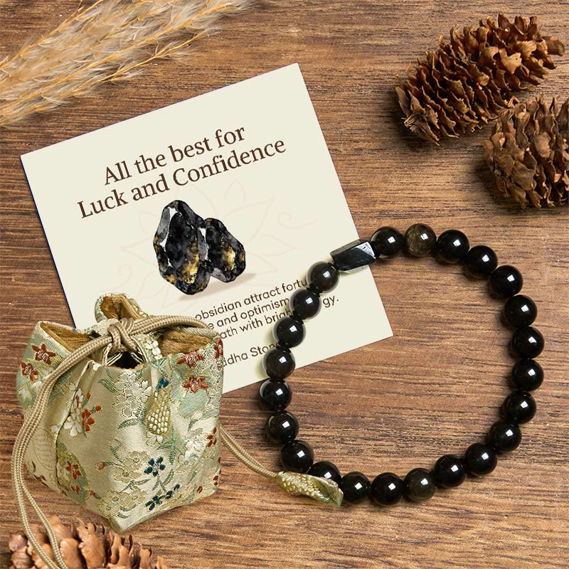 Buddha Stones "All the best for Luck and Confidence" Obsidian Bracelet Includes Gift Message Card