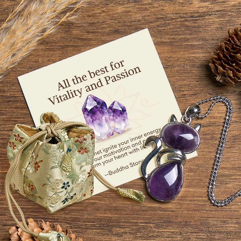 Buddha Stones "All the best for Calm and Wisdom" Cat Amethyst Necklace Includes Gift Message Card