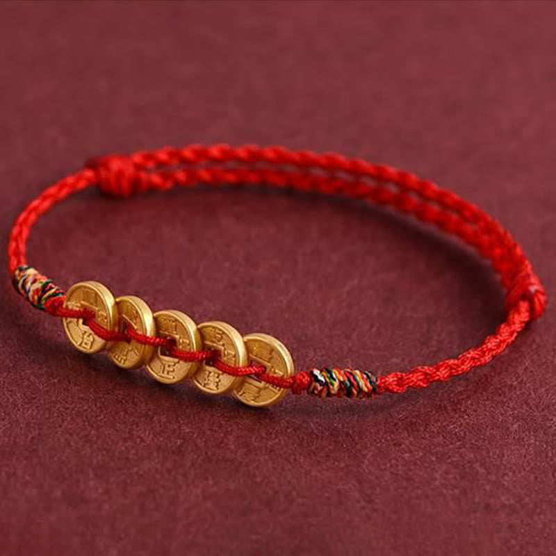 Buddha Stones Five Copper Coins Design Braided String Protection Bracelet Anklet
