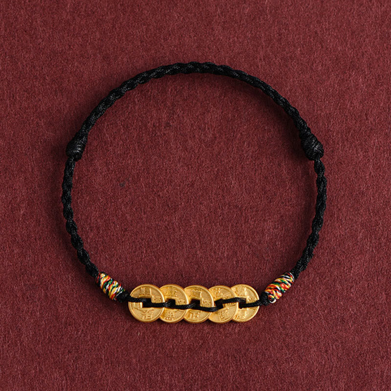 Buddha Stones Five Copper Coins Design Braided String Protection Bracelet Anklet
