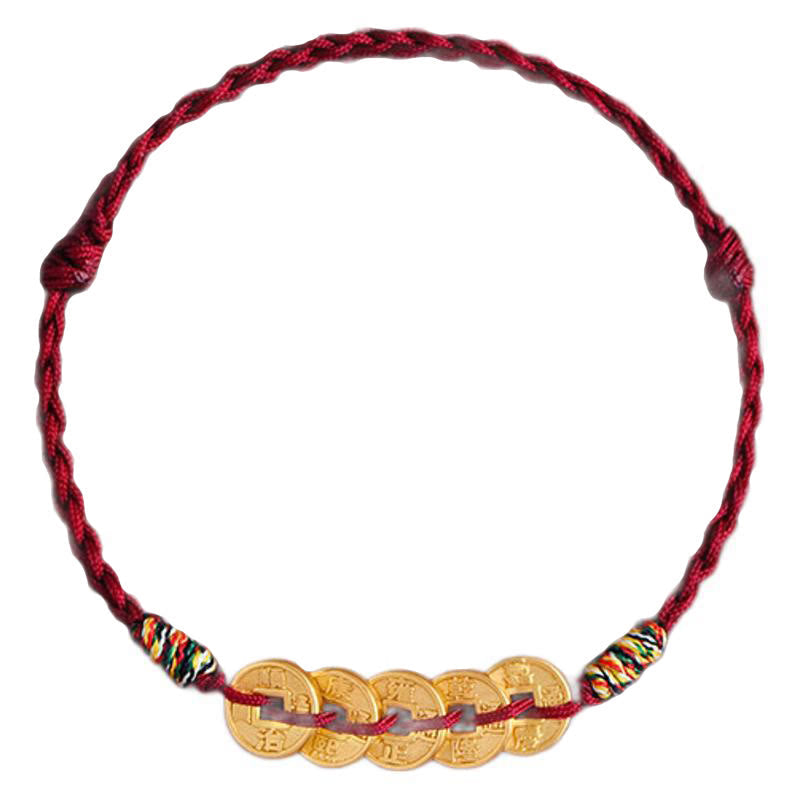 Buddha Stones Five Copper Coins Design Braided String Protection Bracelet Anklet