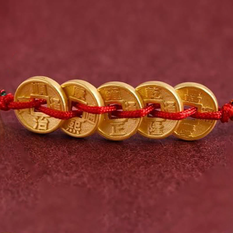 Buddha Stones Five Copper Coins Design Braided String Protection Bracelet Anklet