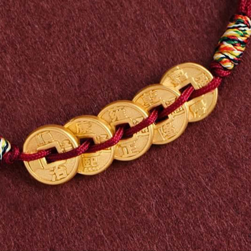Buddha Stones Five Copper Coins Design Braided String Protection Bracelet Anklet