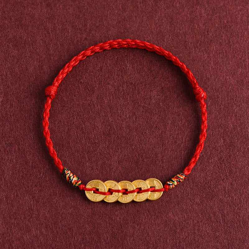 Buddha Stones Five Copper Coins Design Braided String Protection Bracelet Anklet