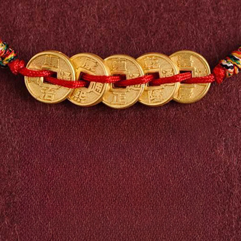 Buddha Stones Five Copper Coins Design Braided String Protection Bracelet Anklet