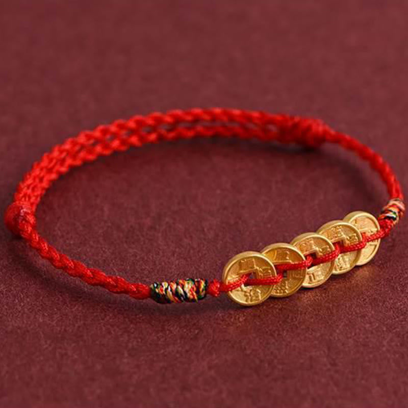 Buddha Stones Five Copper Coins Design Braided String Protection Bracelet Anklet