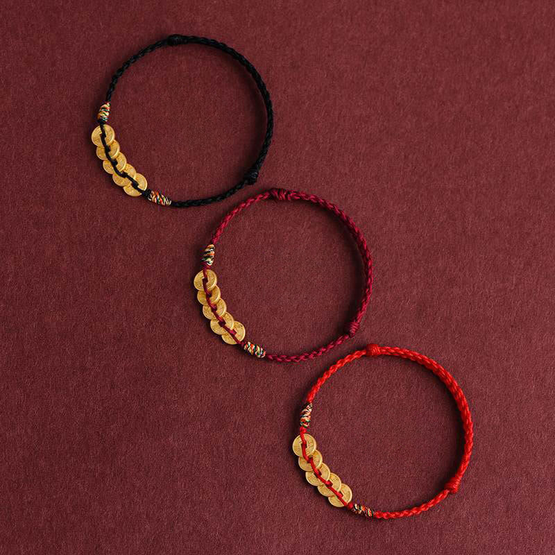 Buddha Stones Five Copper Coins Design Braided String Protection Bracelet Anklet