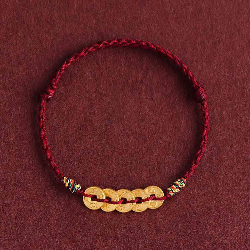 Buddha Stones Five Copper Coins Design Braided String Protection Bracelet Anklet
