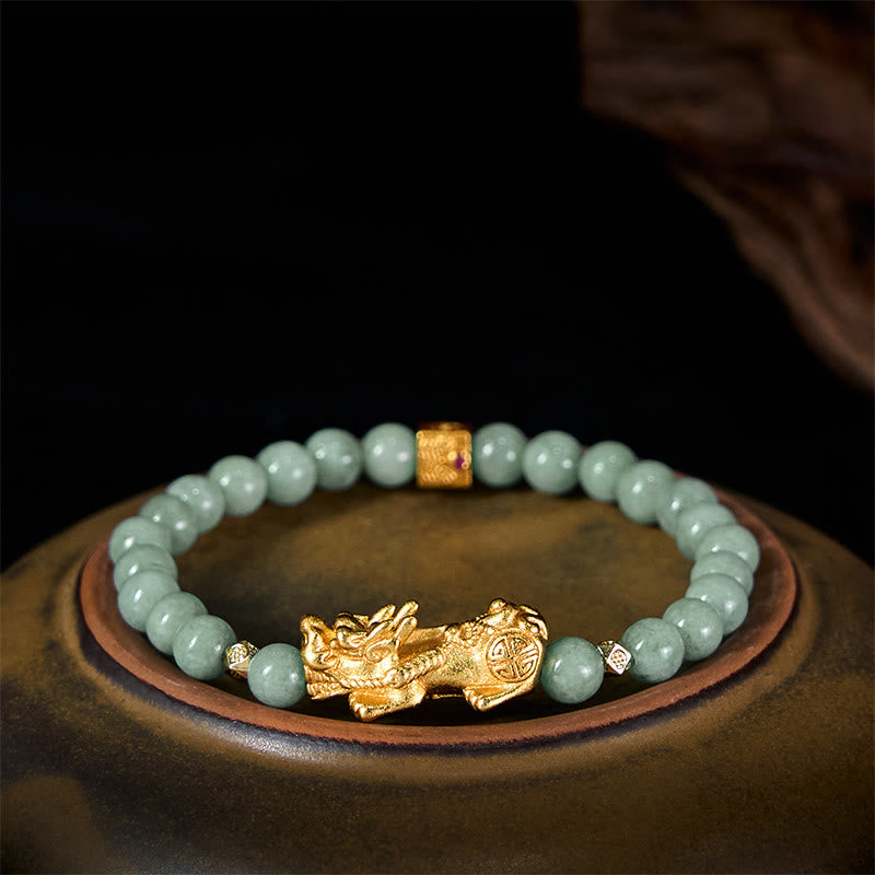 EverestArtstudios Golden Pi Xiu Charm Jade Luck Prosperity Beaded Bracelet