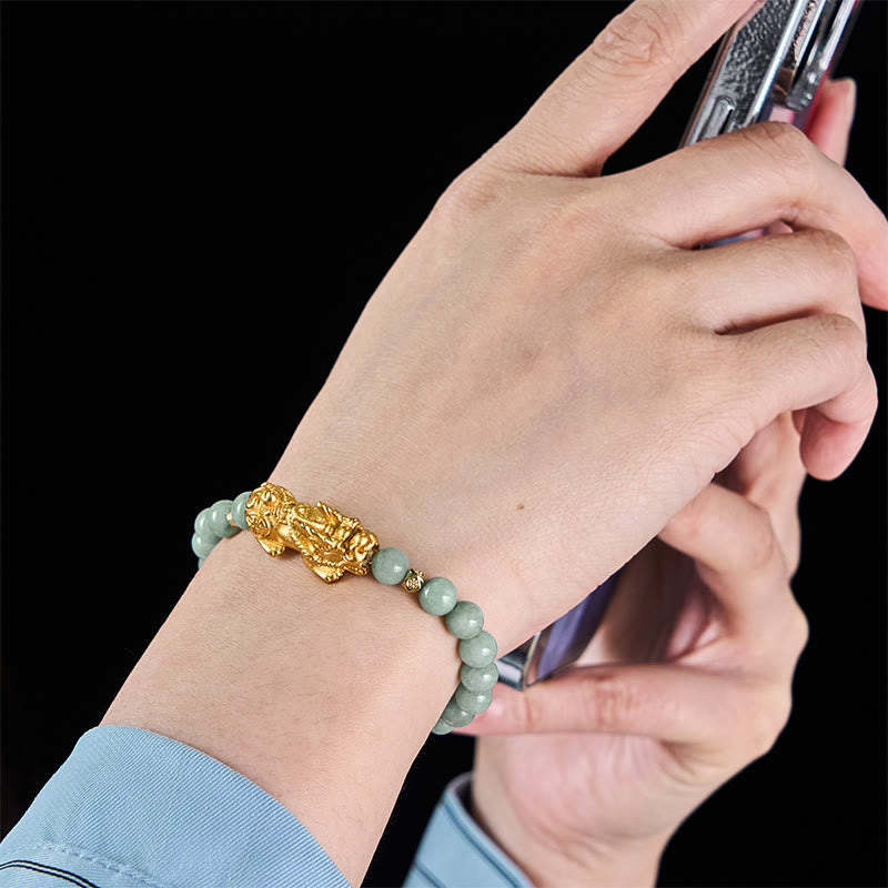 EverestArtstudios Golden Pi Xiu Charm Jade Luck Prosperity Beaded Bracelet