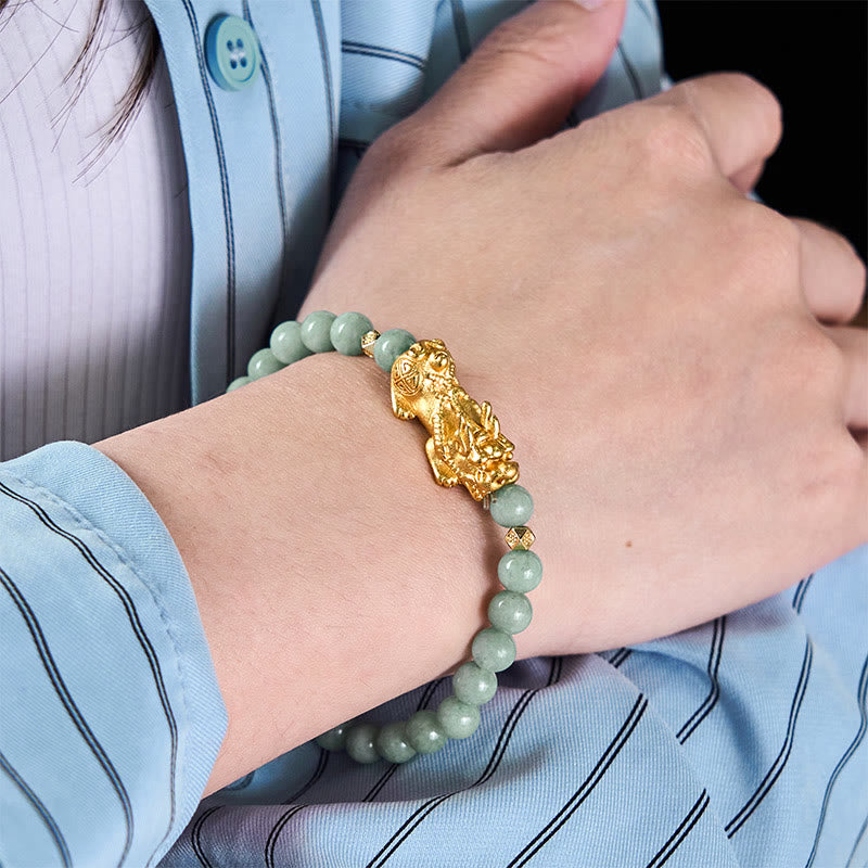 EverestArtstudios Golden Pi Xiu Charm Jade Luck Prosperity Beaded Bracelet