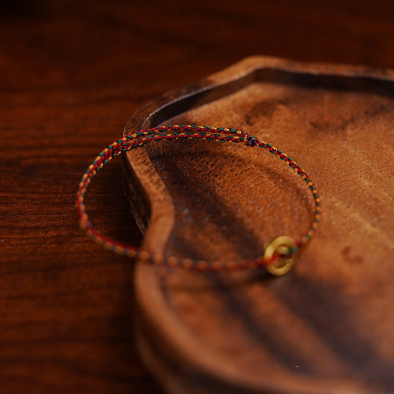 Buddha Stones Handmade Copper Coins Charm Connection Braided String Adjustable Bracelet Anklet