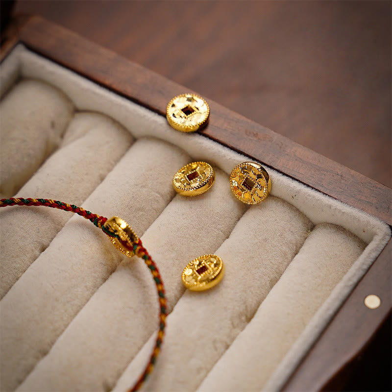 Buddha Stones Handmade Copper Coins Charm Connection Braided String Adjustable Bracelet Anklet