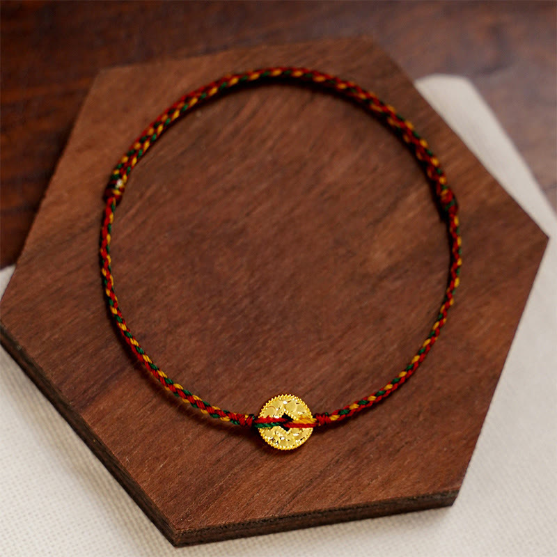 Buddha Stones Handmade Copper Coins Charm Connection Braided String Adjustable Bracelet Anklet
