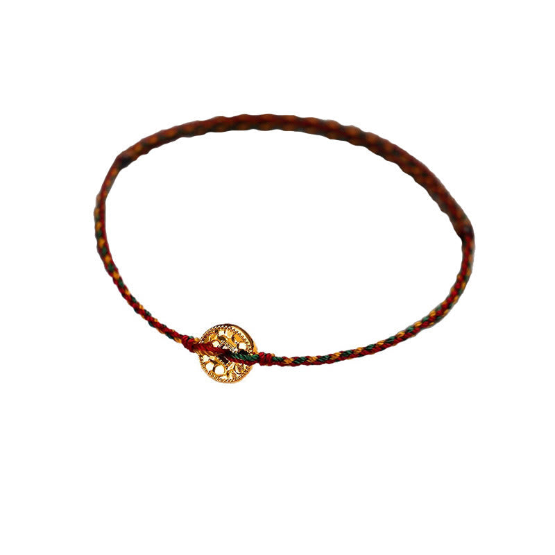 Buddha Stones Handmade Copper Coins Charm Connection Braided String Adjustable Bracelet Anklet